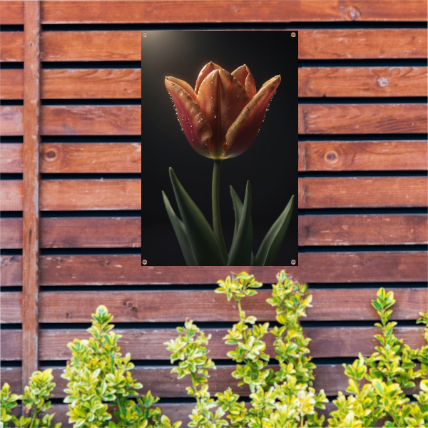 Dauwdruppels op levendige oranje tulp tuinposter
