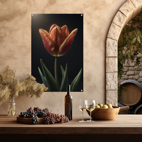 Dauwdruppels op levendige oranje tulp tuinposter