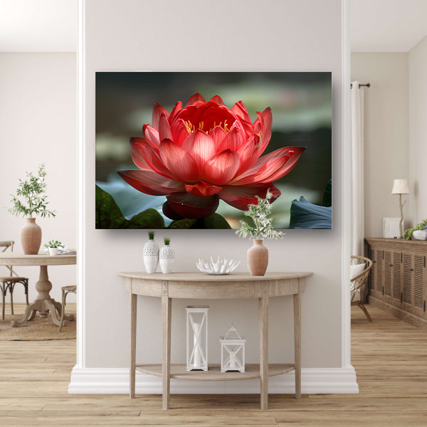 Rode lotus met groene bladeren in detail acrylglas