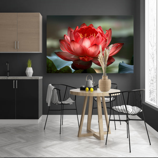 Rode lotus met groene bladeren in detail acrylglas