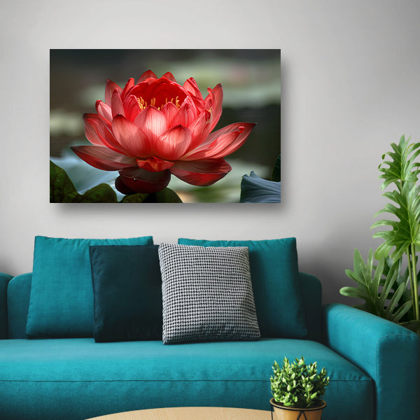 Rode lotus met groene bladeren in detail acrylglas