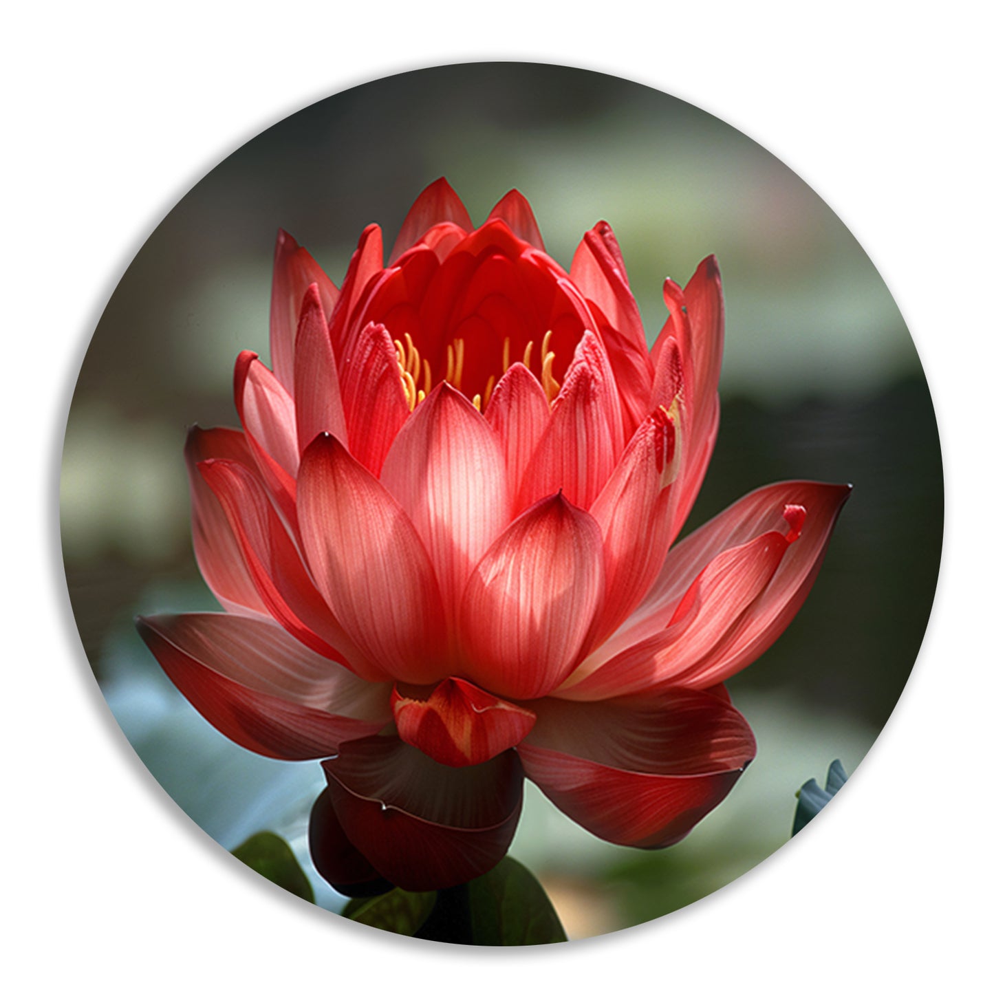 Rode lotus met groene bladeren in detail aluminium muurcirkel