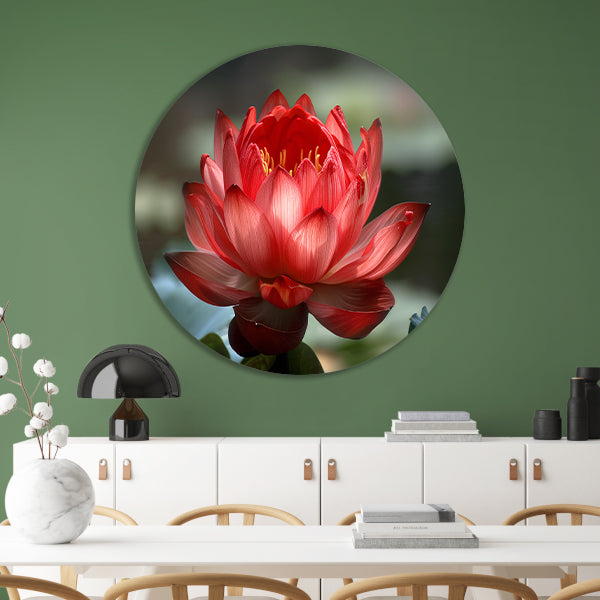 Rode lotus met groene bladeren in detail aluminium muurcirkel