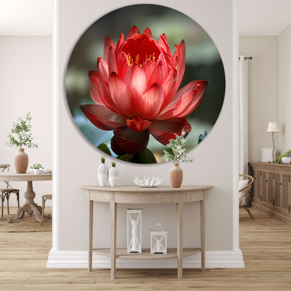 Rode lotus met groene bladeren in detail aluminium muurcirkel