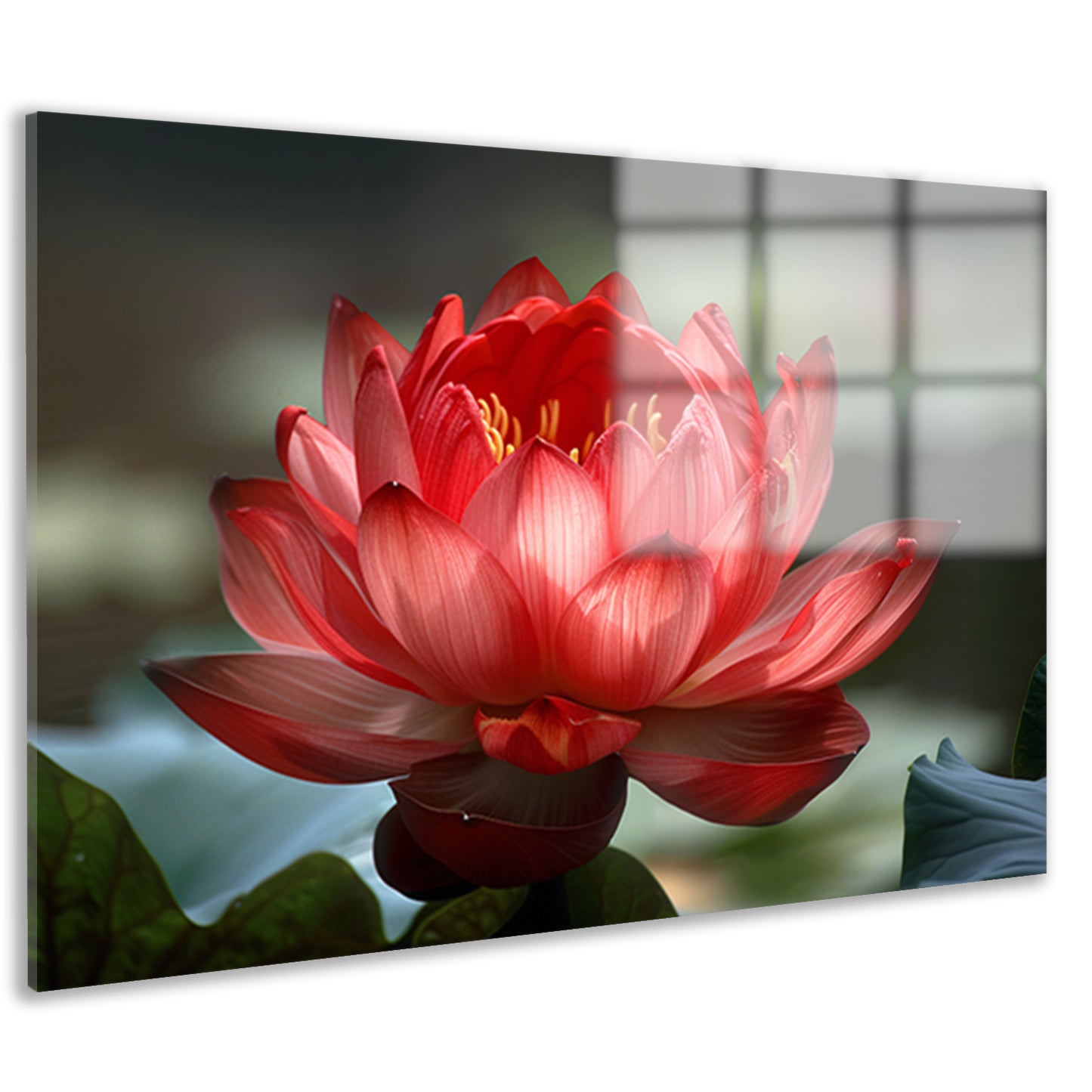 Rode lotus met groene bladeren in detail acrylglas