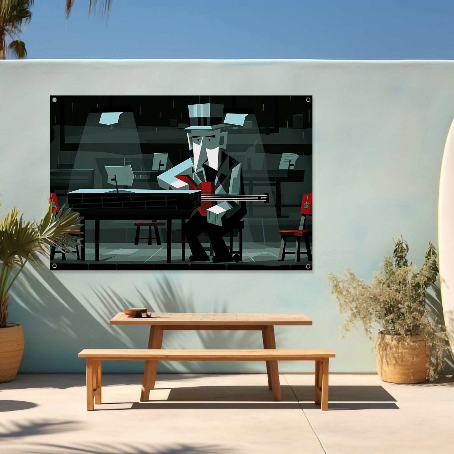 Geometrisch portret van muzikant in zwart-wit tuinposter