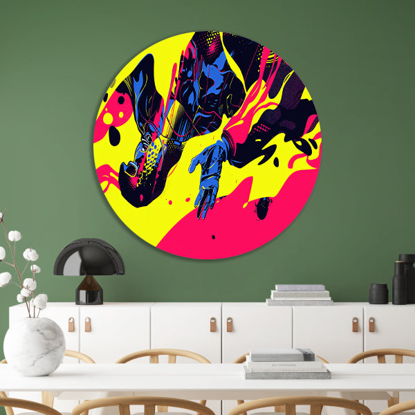 Dynamische kleurrijke abstracte superheld illustratie aluminium muurcirkel