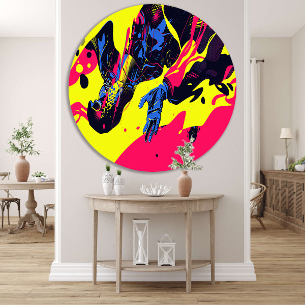 Dynamische kleurrijke abstracte superheld illustratie aluminium muurcirkel