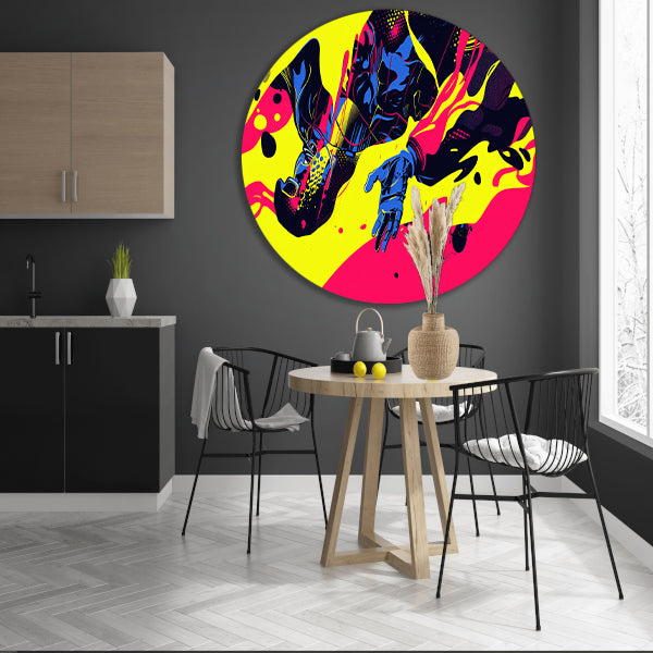 Dynamische kleurrijke abstracte superheld illustratie aluminium muurcirkel