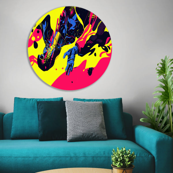 Dynamische kleurrijke abstracte superheld illustratie aluminium muurcirkel