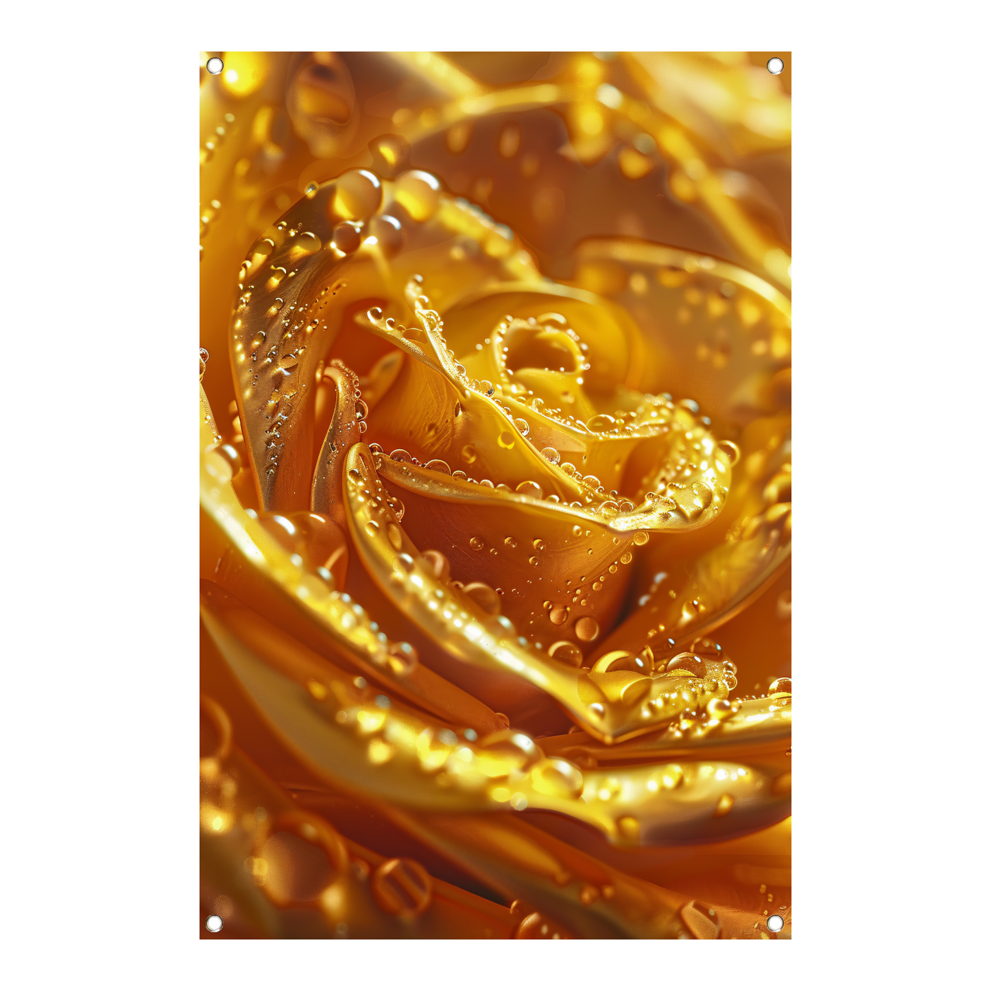 Gouden roos met glinsterende waterdruppels close-up tuinposter