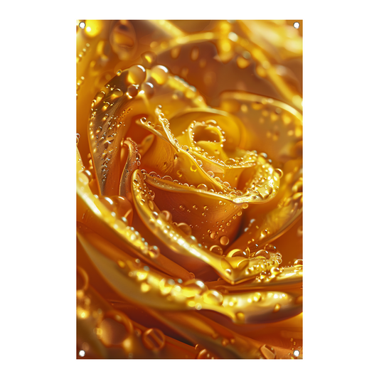 Gouden roos met glinsterende waterdruppels close-up tuinposter