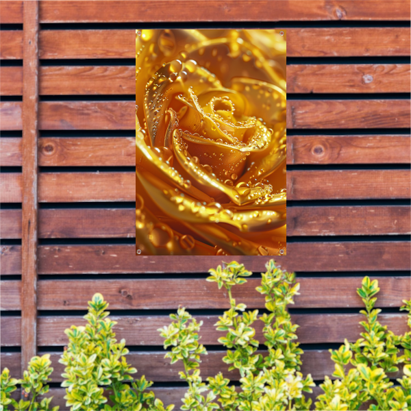 Gouden roos met glinsterende waterdruppels close-up tuinposter