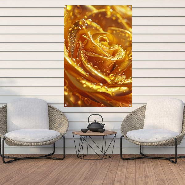 Gouden roos met glinsterende waterdruppels close-up tuinposter