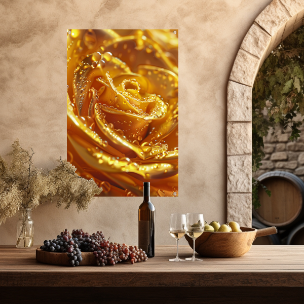 Gouden roos met glinsterende waterdruppels close-up tuinposter