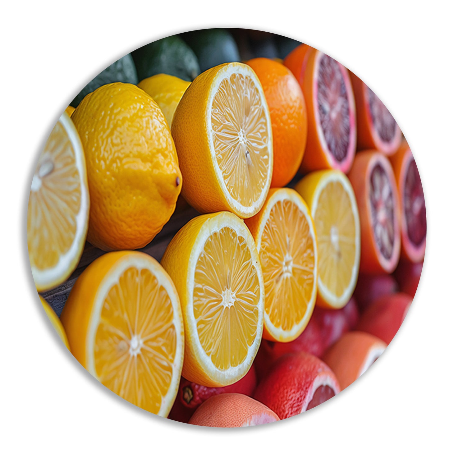Citrusvruchtenstilleven aluminium muurcirkel