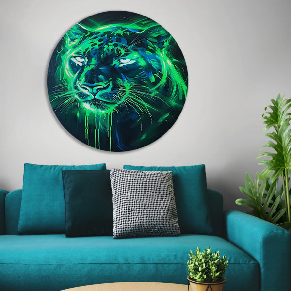 Fluorescerende panter in abstracte kleuren aluminium muurcirkel