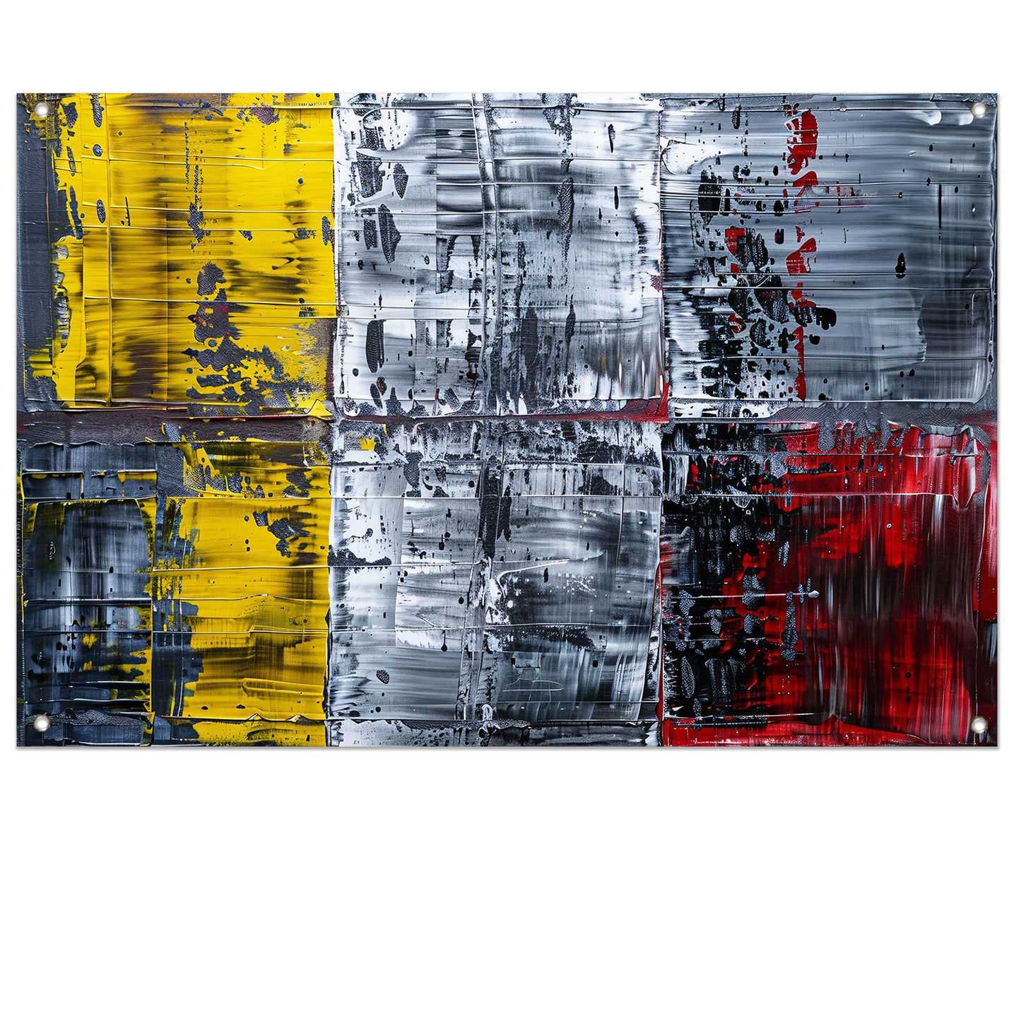 Abstract schilderij met geel, zwart, rood, wit tuinposter