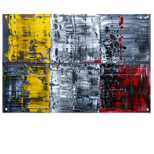 Abstract schilderij met geel, zwart, rood, wit tuinposter