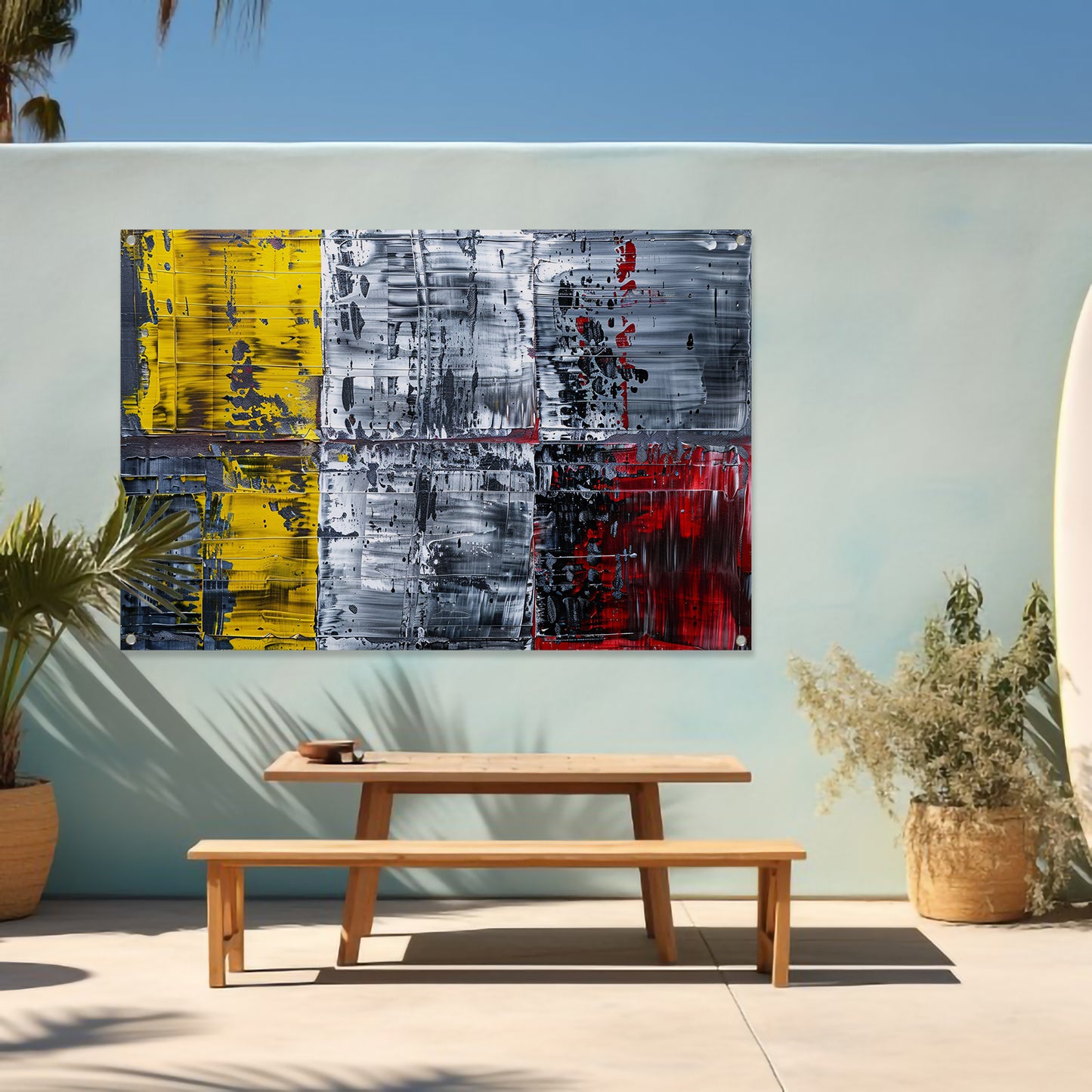 Abstract schilderij met geel, zwart, rood, wit tuinposter