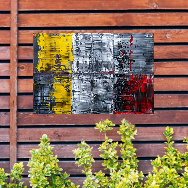 Abstract schilderij met geel, zwart, rood, wit tuinposter