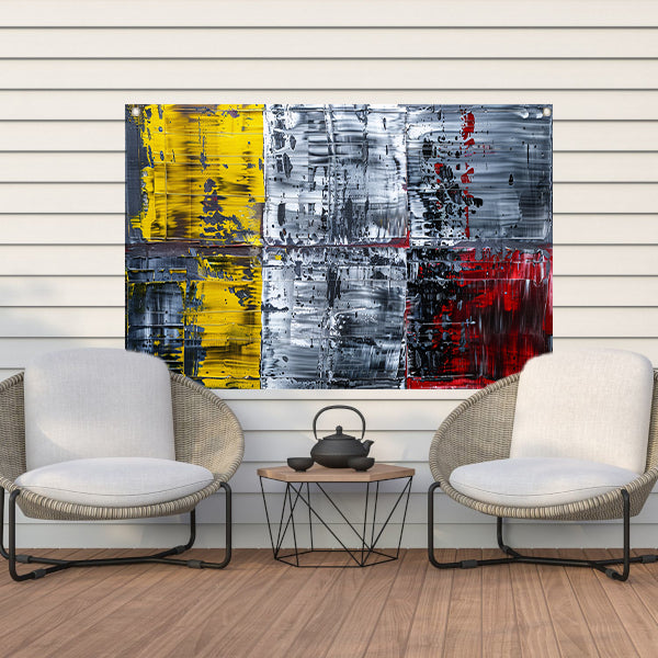 Abstract schilderij met geel, zwart, rood, wit tuinposter