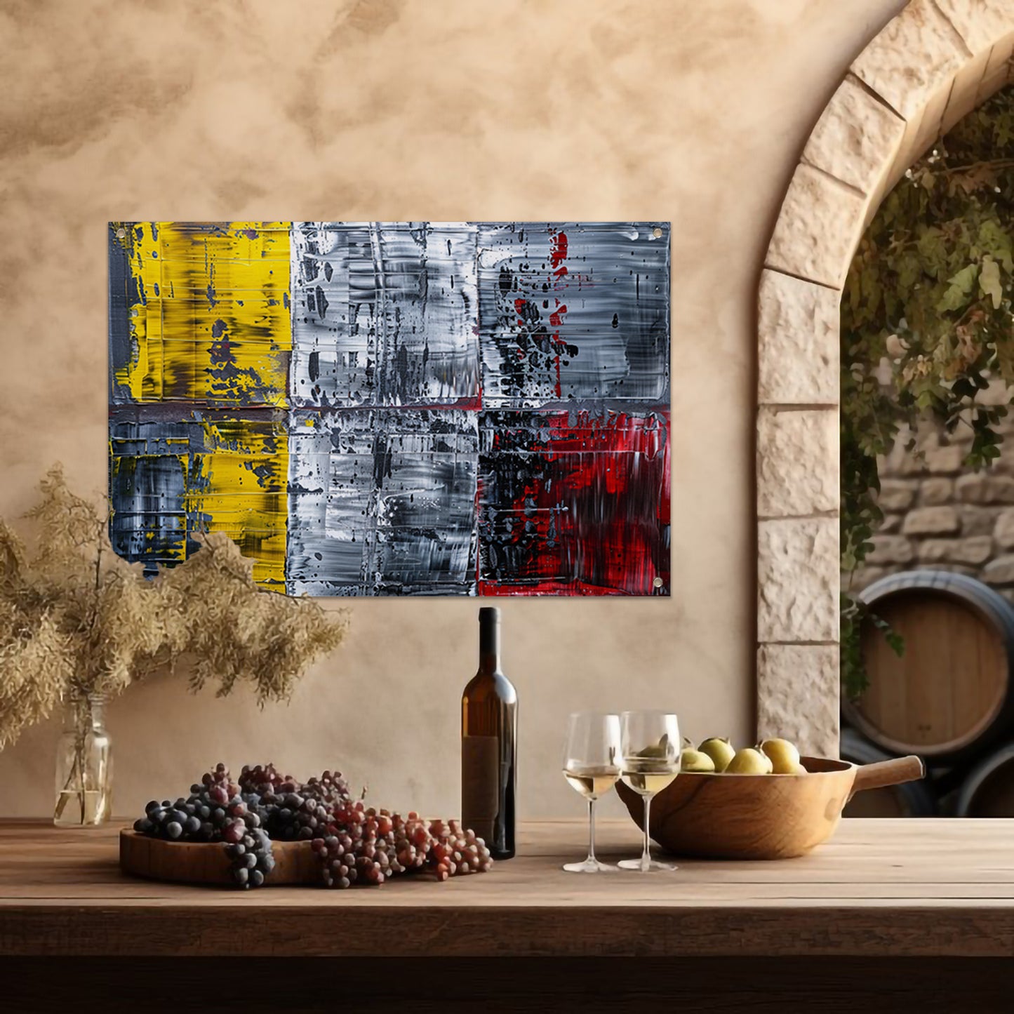 Abstract schilderij met geel, zwart, rood, wit tuinposter