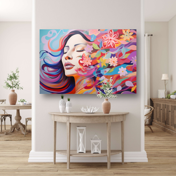Vrouwelijke schoonheid in een bloemenzee canvas met baklijst