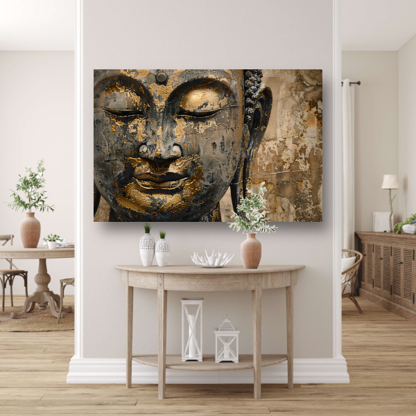 Vergulde Boeddha op verweerde achtergrond in gouden toetsen acrylglas