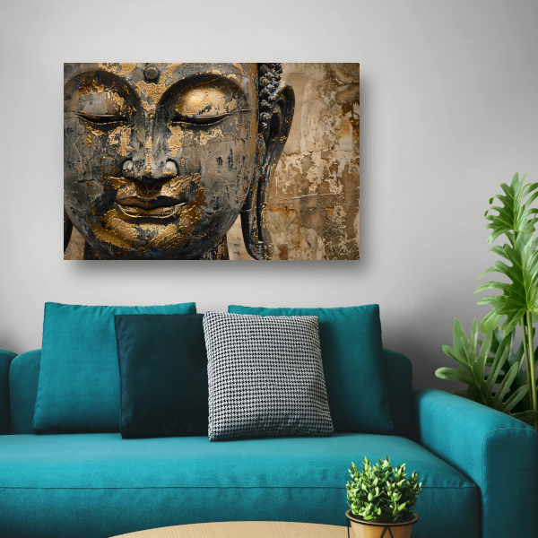 Vergulde Boeddha op verweerde achtergrond in gouden toetsen acrylglas