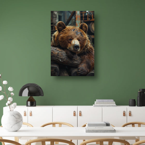 Slapende Bruine Beer op Boomstammen canvas