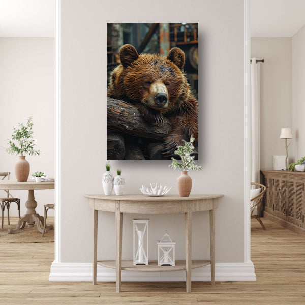 Slapende Bruine Beer op Boomstammen canvas