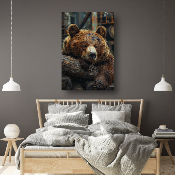 Slapende Bruine Beer op Boomstammen canvas
