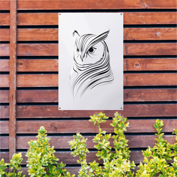 Minimalistische zwart-witte uil lijntekening tuinposter