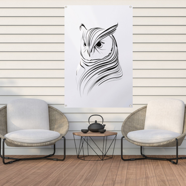 Minimalistische zwart-witte uil lijntekening tuinposter