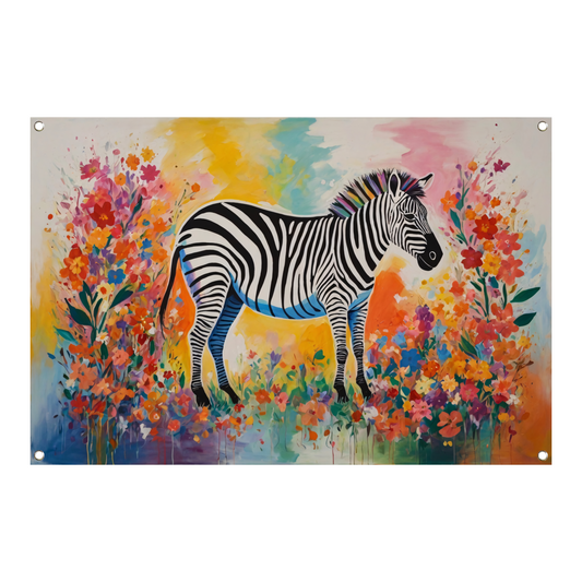 Zebra in Bloeiend Kleurrijk Bloemenparadijs tuinposter