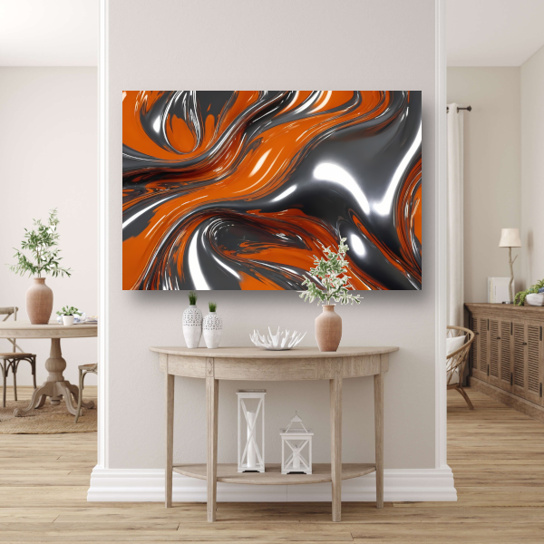 Abstracte Symbiose van Oranje en Zilver canvas met baklijst