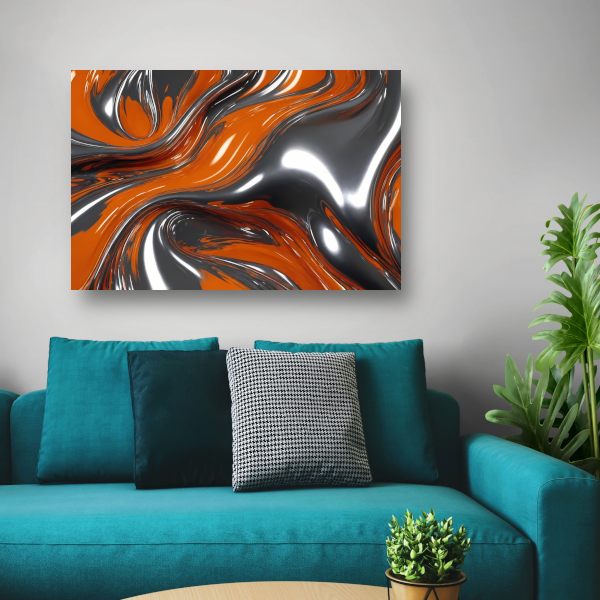 Abstracte Symbiose van Oranje en Zilver canvas met baklijst
