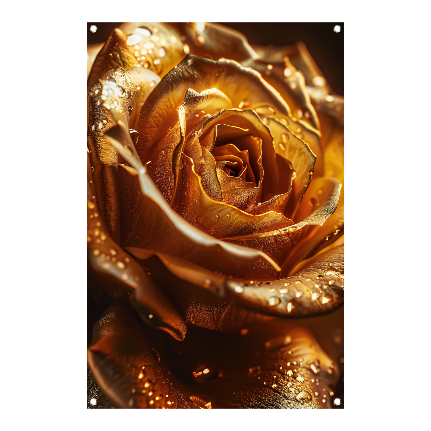 Close-up van een gouden roos met waterdruppels tuinposter