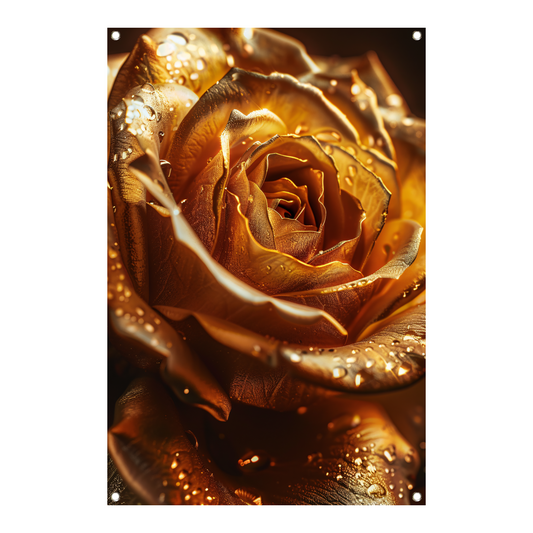 Close-up van een gouden roos met waterdruppels tuinposter