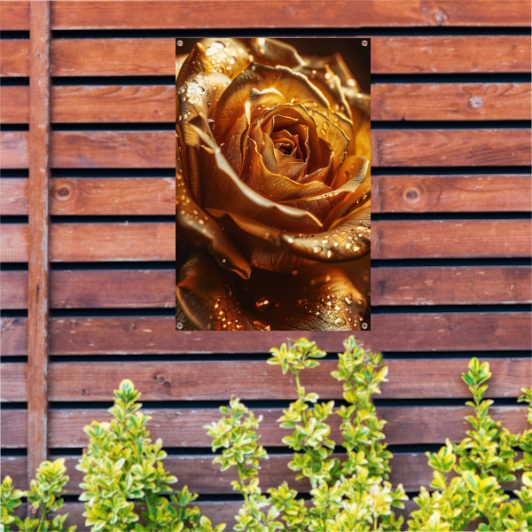 Close-up van een gouden roos met waterdruppels tuinposter