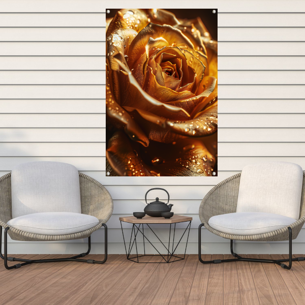 Close-up van een gouden roos met waterdruppels tuinposter