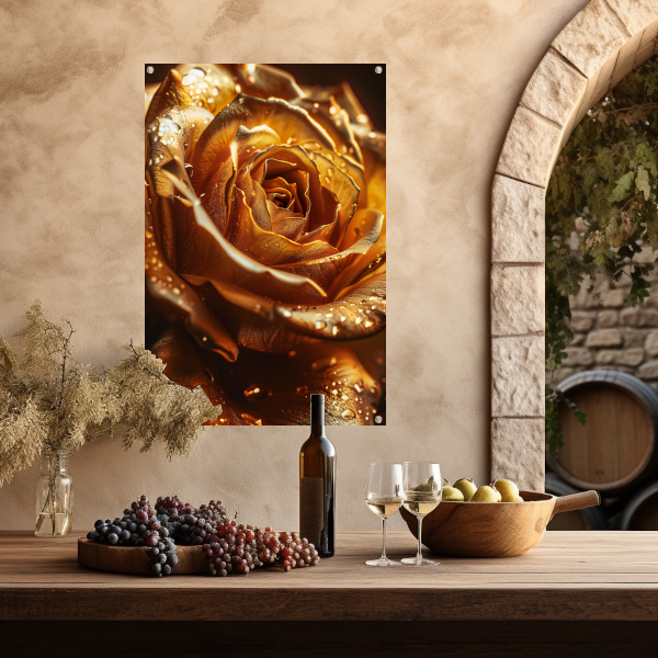 Close-up van een gouden roos met waterdruppels tuinposter