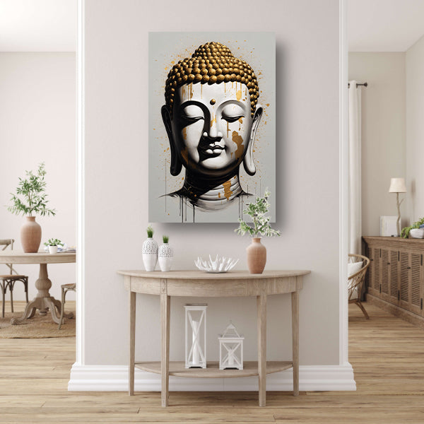 Boeddha Hoofd met Gouden Druppels Modern Kunstwerk canvas
