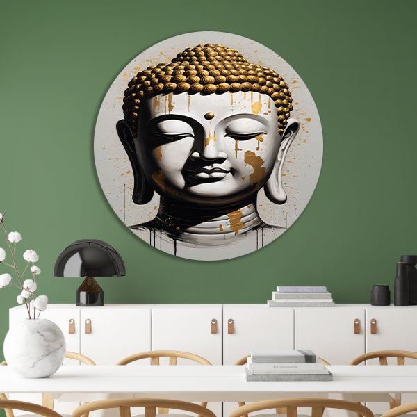 Boeddha Hoofd met Gouden Druppels Modern Kunstwerk aluminium muurcirkel