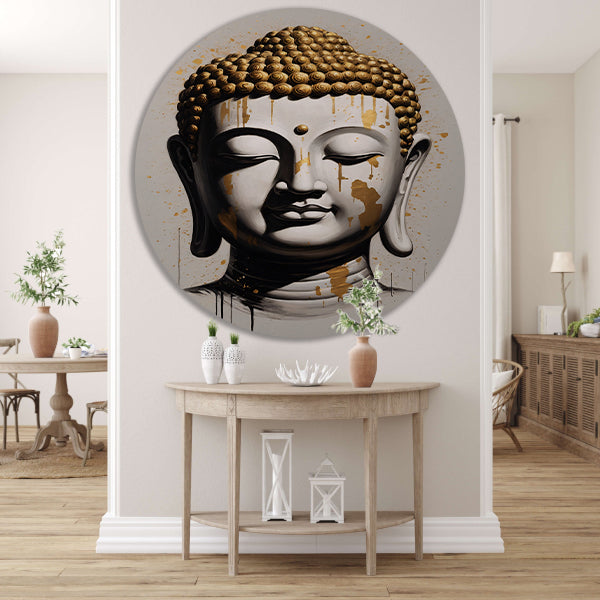 Boeddha Hoofd met Gouden Druppels Modern Kunstwerk aluminium muurcirkel