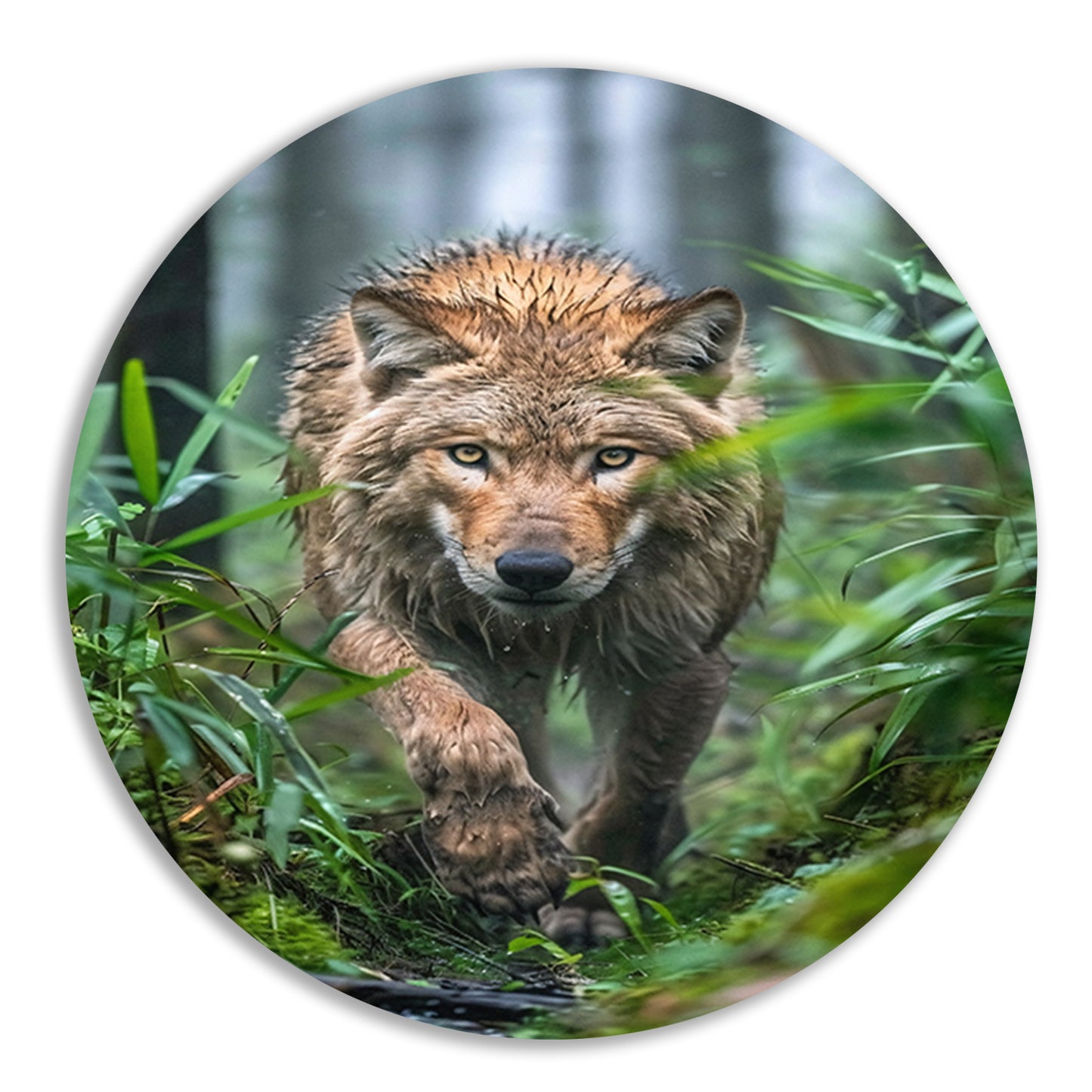 Wolf in het bos aluminium muurcirkel