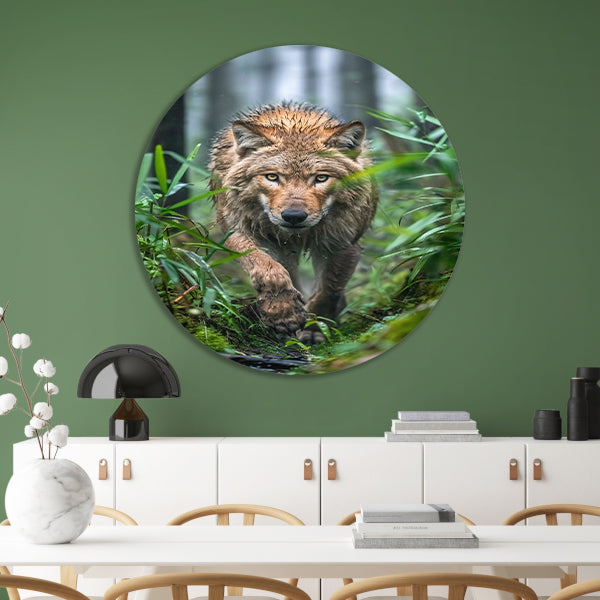 Wolf in het bos aluminium muurcirkel