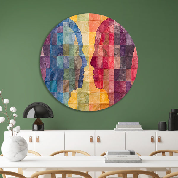 Kleurrijke abstracte hoofden in kubistische stijl aluminium muurcirkel