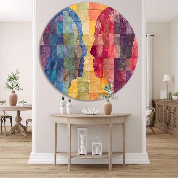 Kleurrijke abstracte hoofden in kubistische stijl aluminium muurcirkel